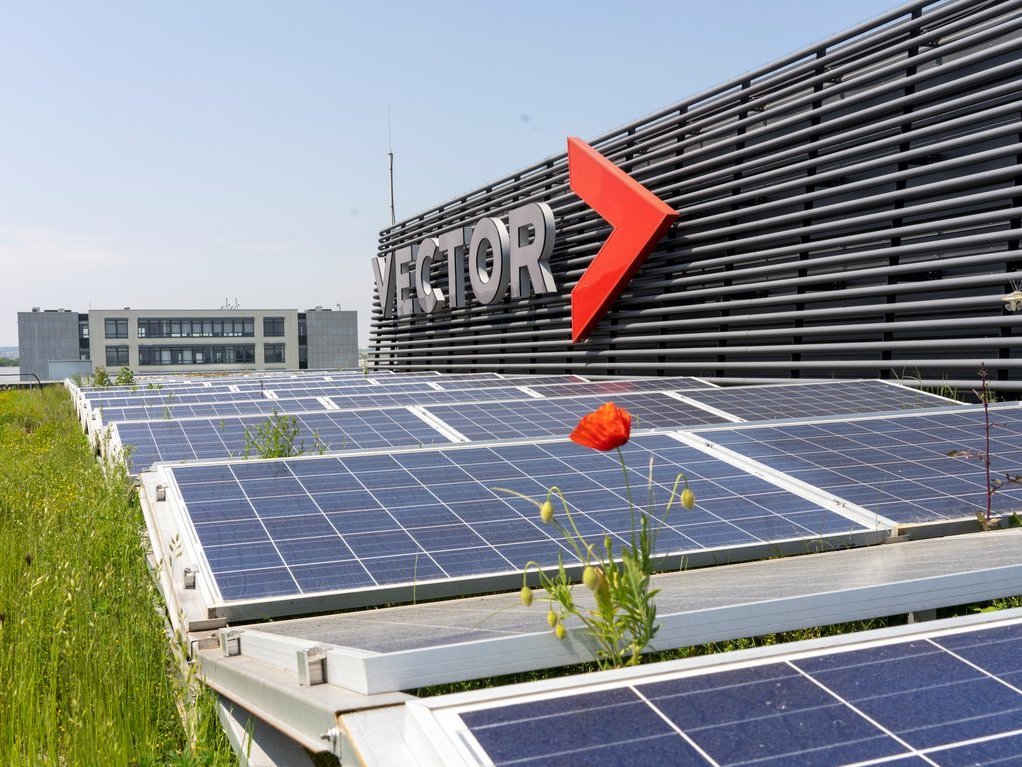 Photovoltaic system in the sunshine on the roof of the main building in Stuttgart