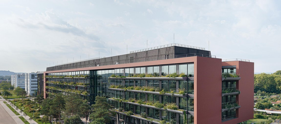 Neues Bürogebäude mit begrünter Fassade Glasfassade und Balkonen, umgeben von grüner Vegetation bei Sonnenuntergang.