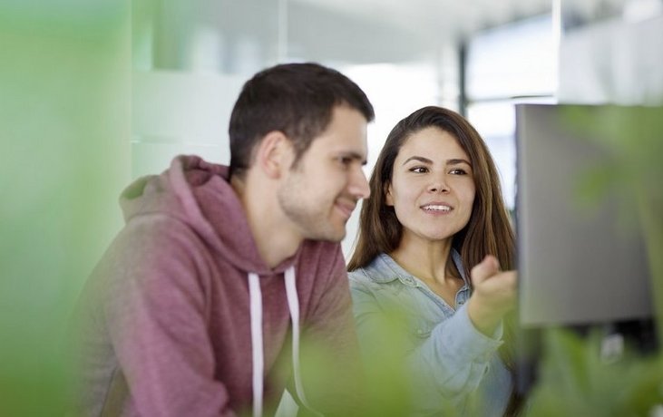 Two Vector employees sitting in front of a PC screen and having a friendly chat  
