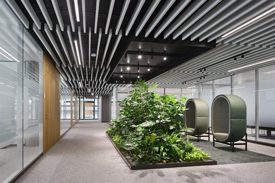 Heller Flur mit modernen Sitzgelegenheiten und vielen Pflanzen.