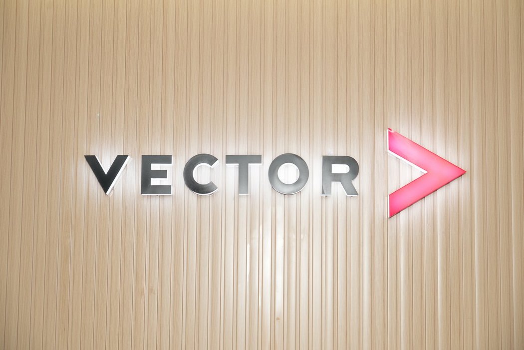 lluminated VECTOR logo in front of a vertically structured wood panel wall. The combination of warm wood look and backlit lettering conveys a modern, high-quality brand image.