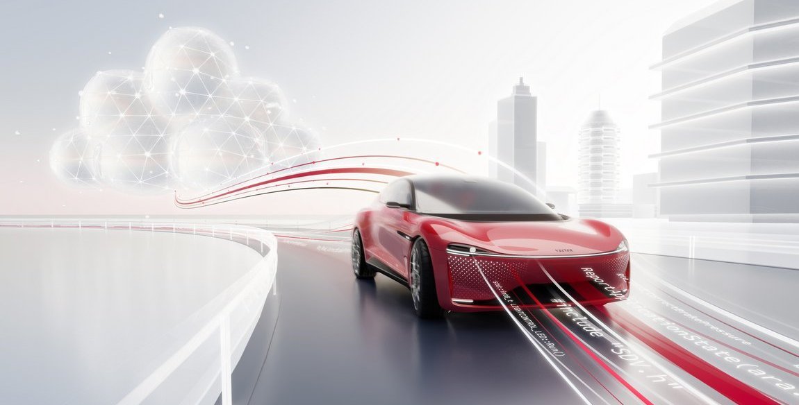 Modernes Fahrzeug im Vector Design. Im Hintergrund eine Cloud, im Vordergrund sind Codezeilen.