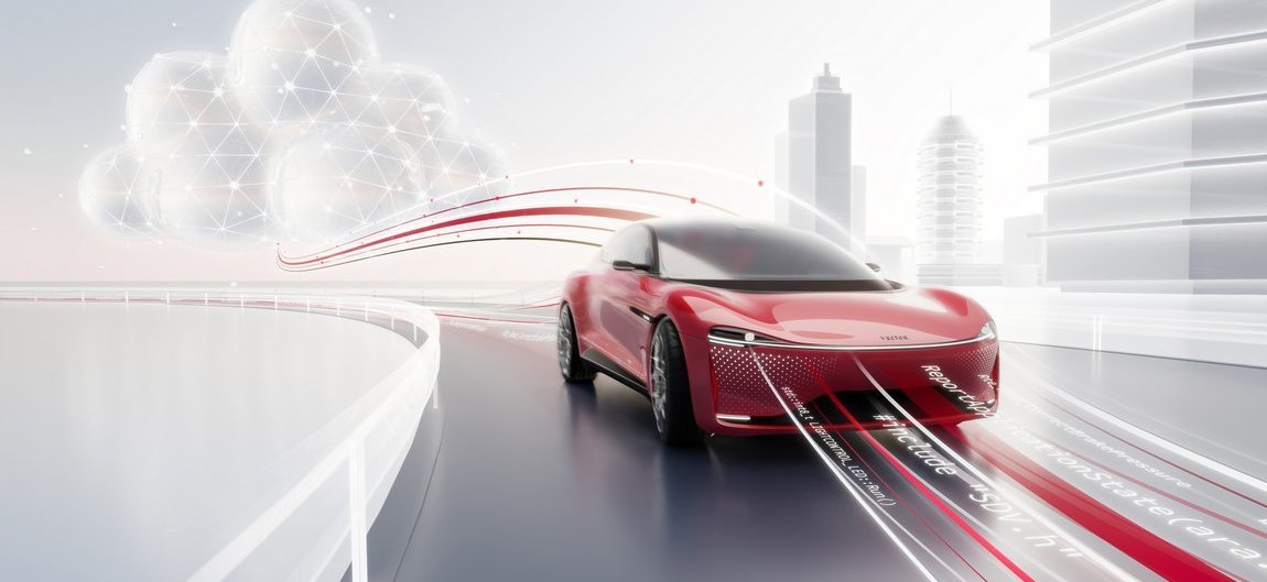 Modernes Fahrzeug im Vector Design. Im Hintergrund eine Cloud, im Vordergrund sind Codezeilen.