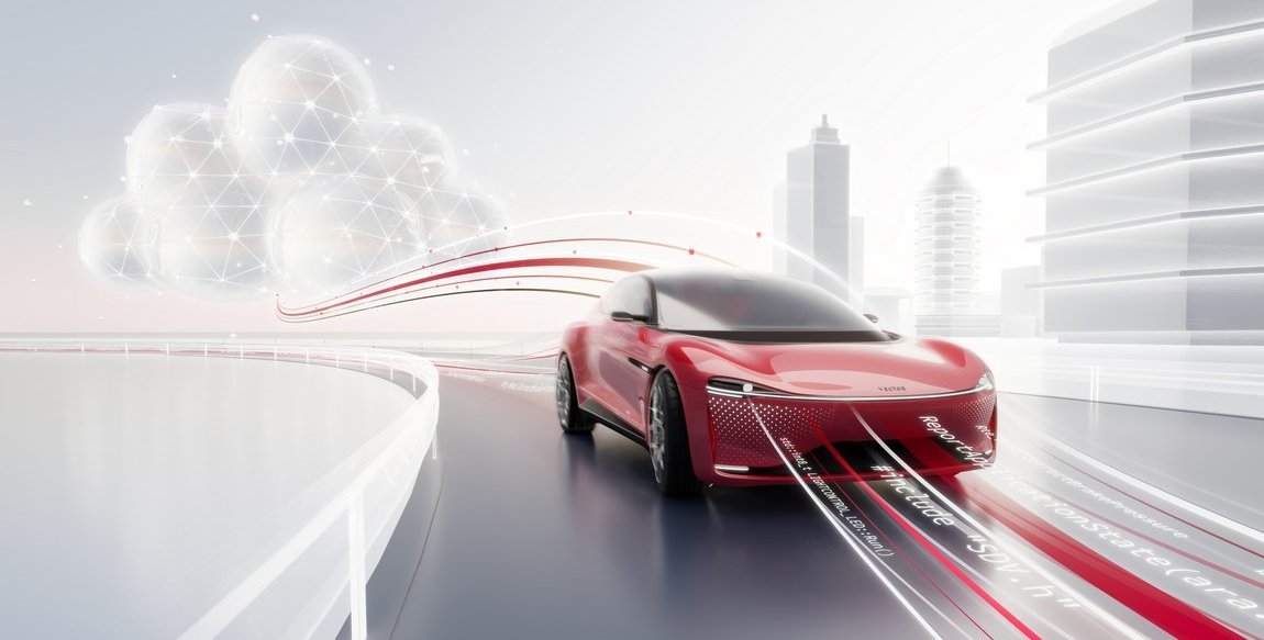Modern vehicle in Vector design. A cloud in the background, lines of code in the foreground.