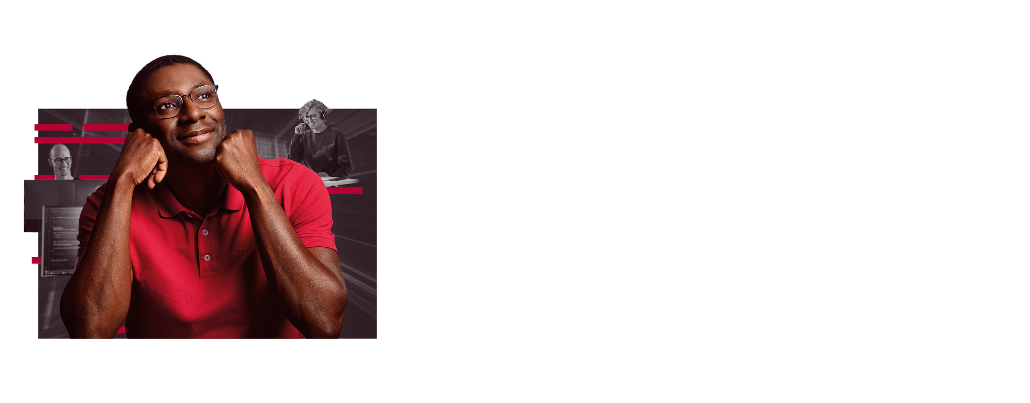 A middle-aged employee wearing a red polo shirt is holding his head up with both hands. He looks satisfied and happy.