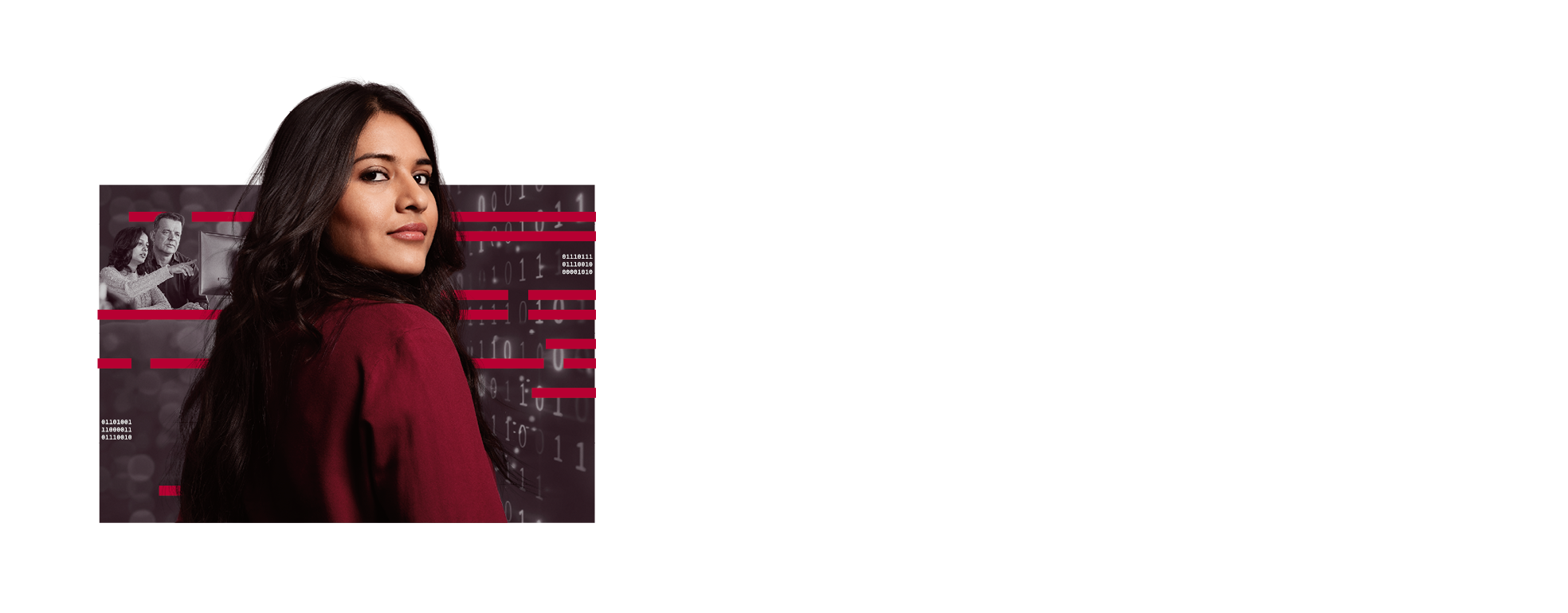 Eine junge Mitarbeiterin lächelt stolz und selbstbewusst. Im Hintergrund sind technische Elemente aus der Softwareentwicklung.