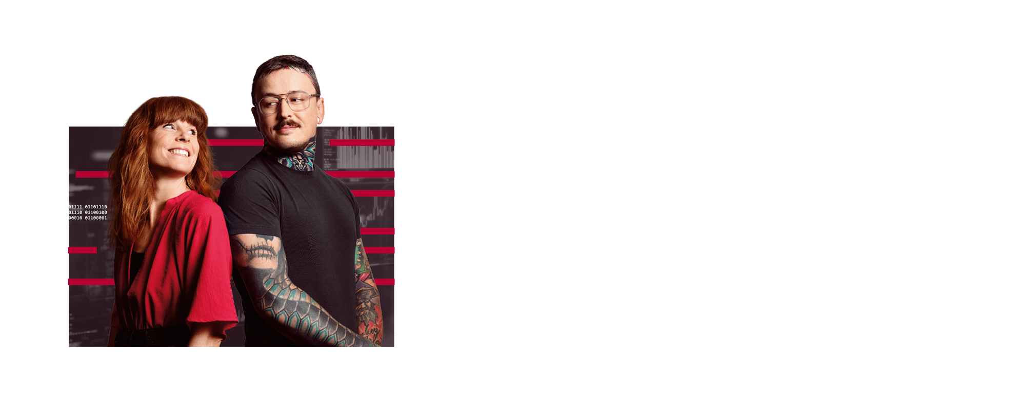 A woman with long, reddish hair and a man with glasses and lots of tattoos smile at each other in a friendly manner. In the background are technical elements from software development.