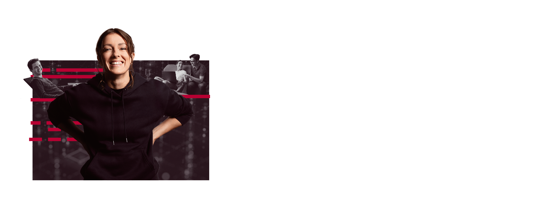 A young woman laughs heartily. She is wearing a black hoodie and has her hands on her hips. In the background are technical elements from software development.