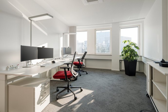 Arbeitsplätze Helles Büro mit höhenverstellbaren Tischen und Pflanze