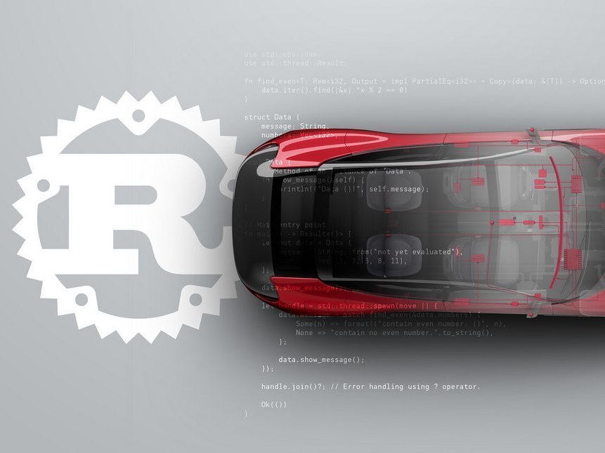 Graphic of a networked vehicle with lines of code in Rust and the Rust logo on a gray background.