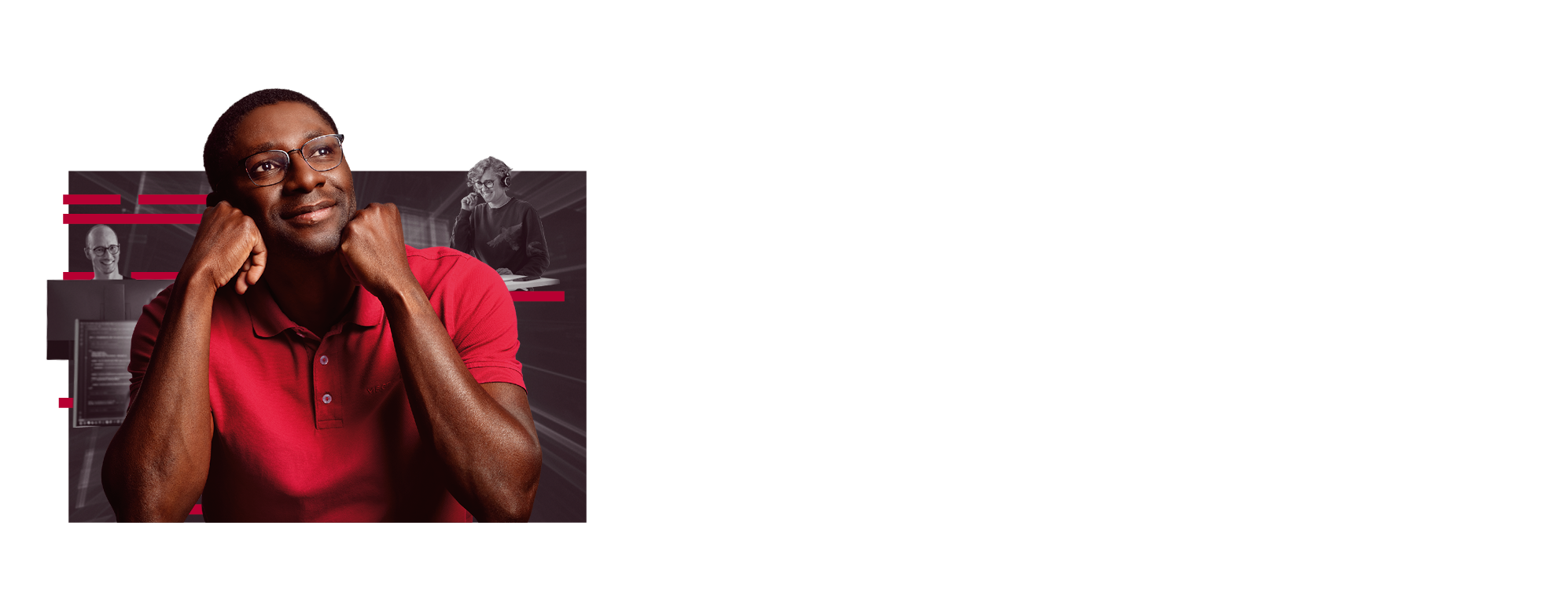 A middle-aged employee wearing a red polo shirt is holding his head up with both hands. He looks satisfied and happy.