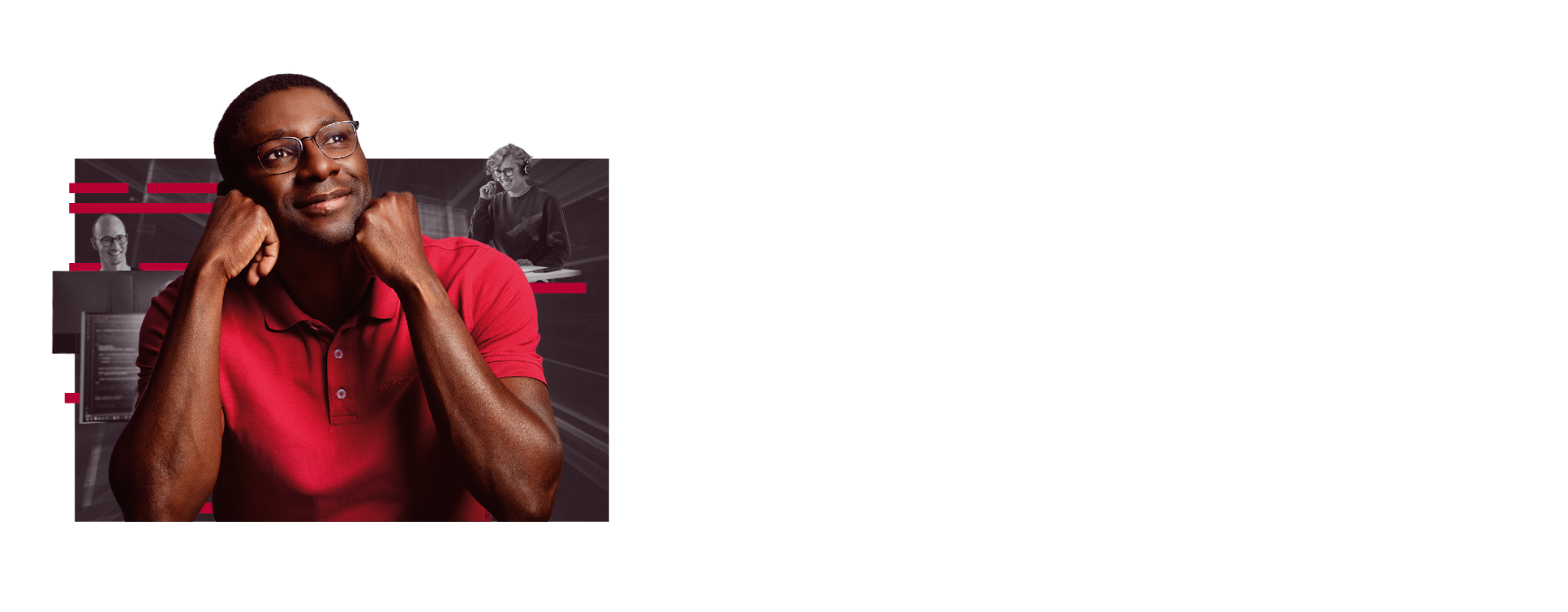 A middle-aged employee wearing a red polo shirt is holding his head up with both hands. He looks satisfied and happy.