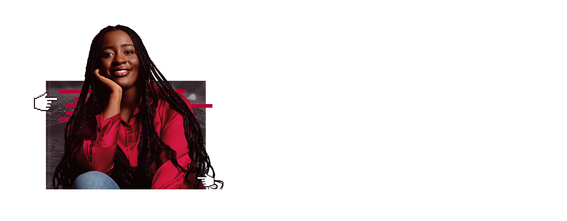 Eine junge Frau lächelt freundlich und stützt ihren Kopf leicht auf ihre Hand. Im Hintergrund sind technische Elemente aus der Softwareentwicklung.