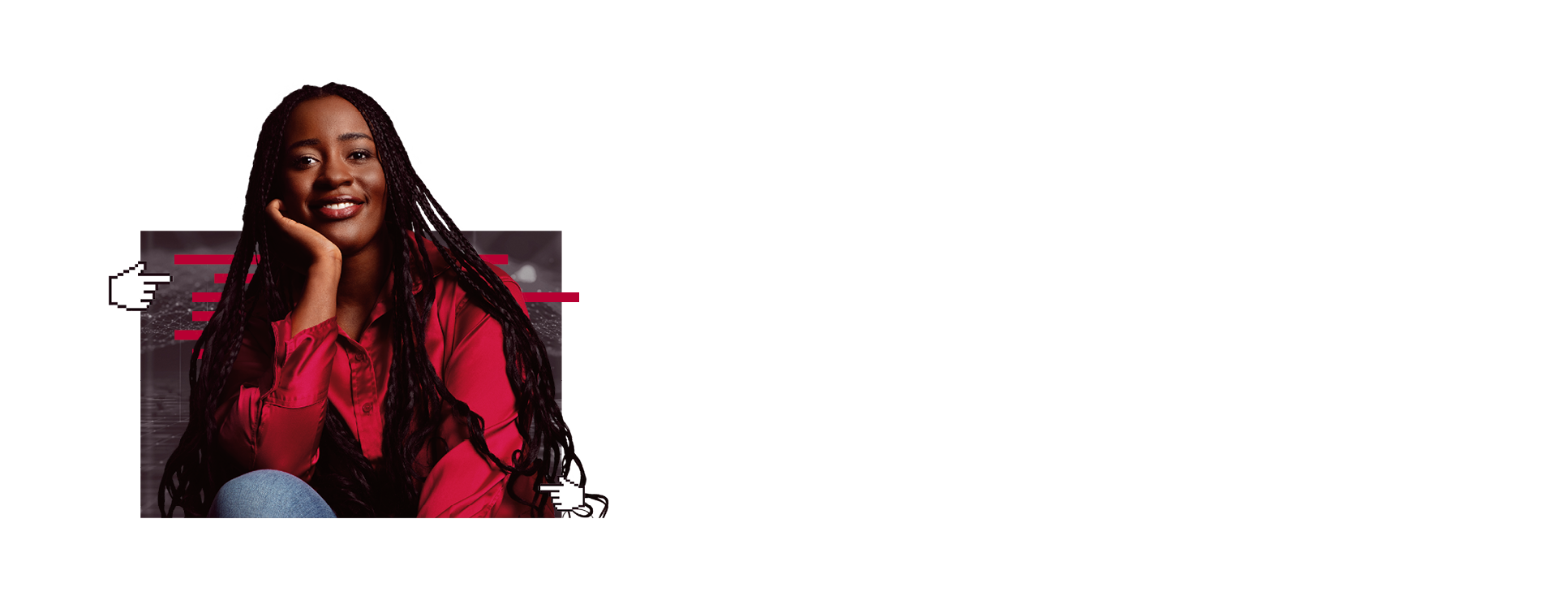 A young woman smiles in a friendly manner. She rests her head lightly on her hand. In the background are technical elements from software development.