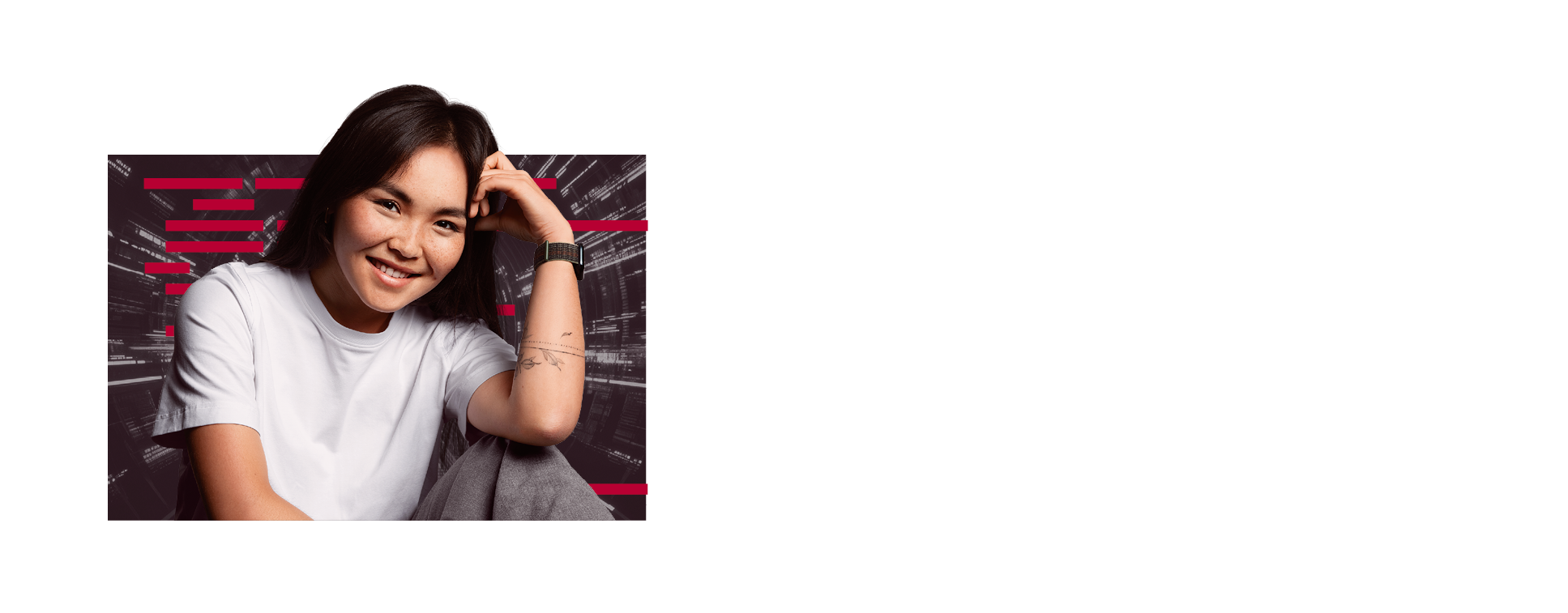 A smiling woman looks confidently into the camera, against a dynamic, technical-looking background - she appears satisfied and proud of her work.