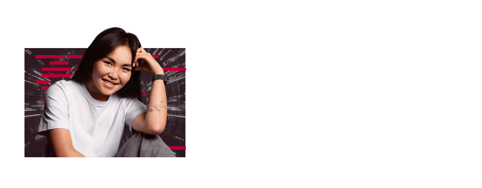 A smiling woman looks confidently into the camera, against a dynamic, technical-looking background - she appears satisfied and proud of her work.