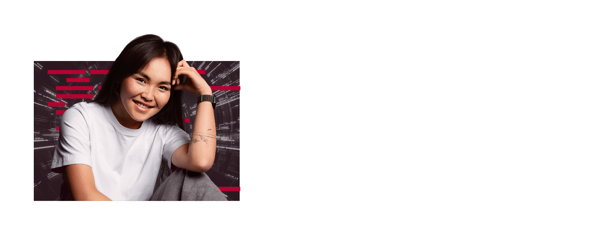 A smiling woman looks confidently into the camera, against a dynamic, technical-looking background - she appears satisfied and proud of her work.