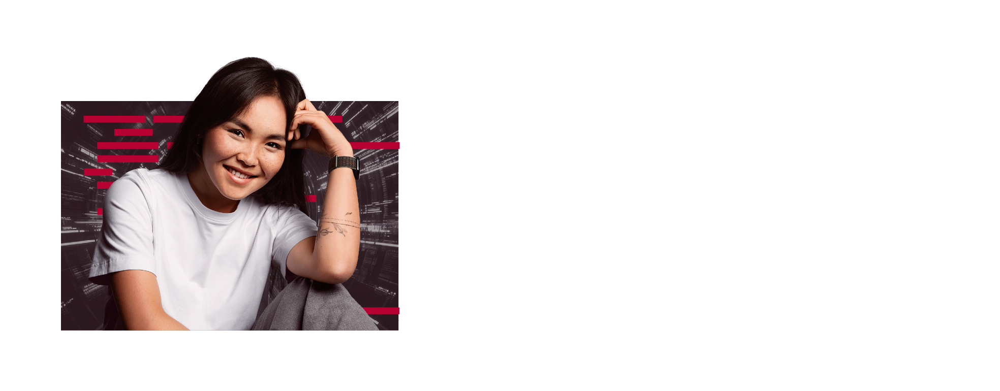 A smiling woman looks confidently into the camera, against a dynamic, technical-looking background - she appears satisfied and proud of her work.