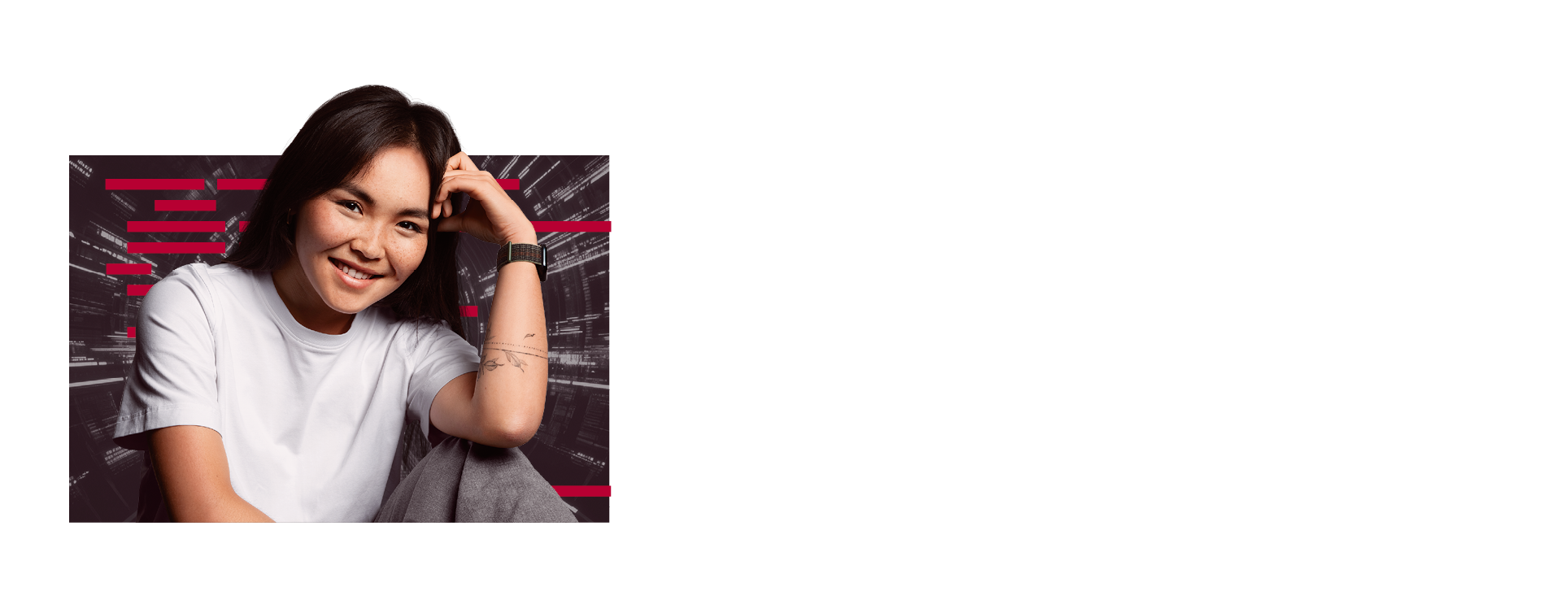 A smiling woman looks confidently into the camera, against a dynamic, technical-looking background - she appears satisfied and proud of her work.