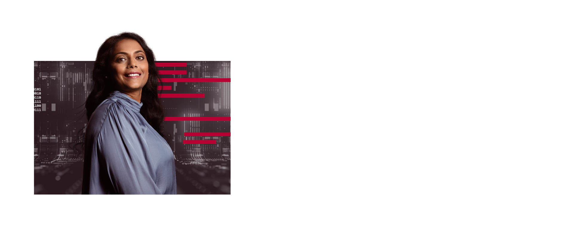 A smiling woman looks confidently into the camera, against a dynamic, technical-looking background - she appears satisfied and proud of her work.