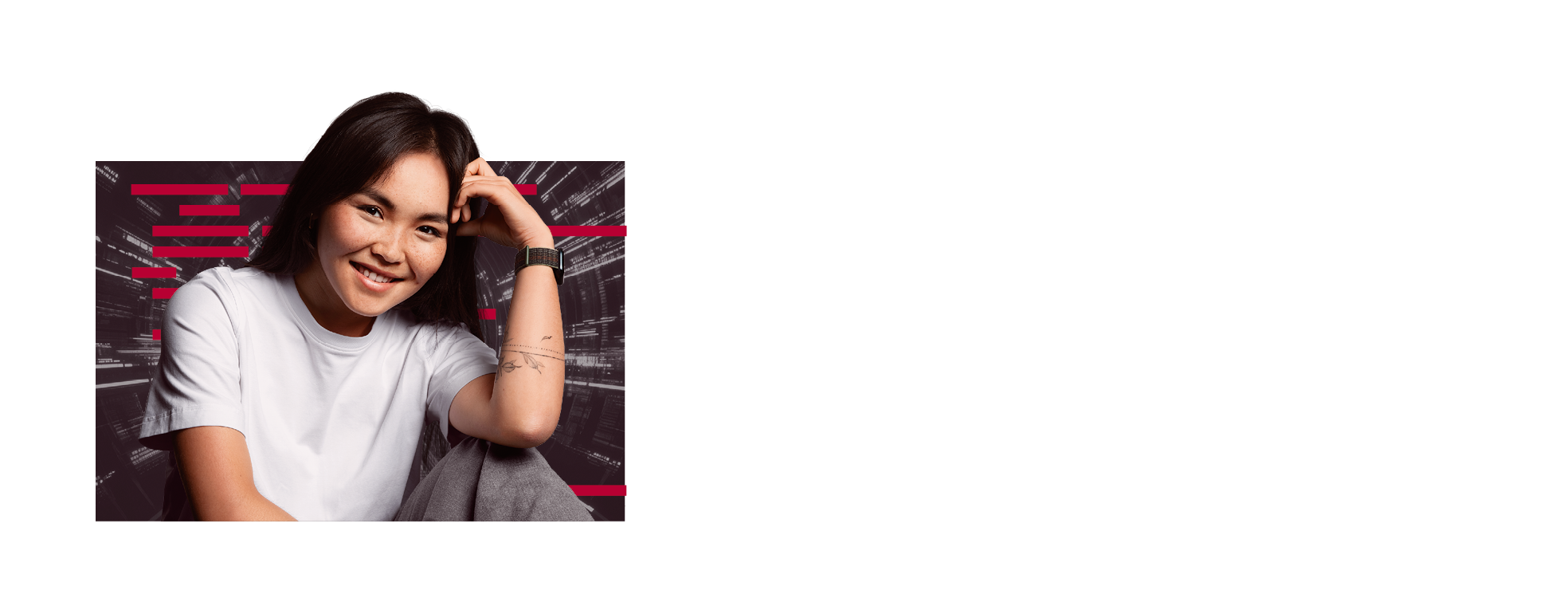 A smiling woman looks confidently into the camera, against a dynamic, technical-looking background - she appears satisfied and proud of her work.