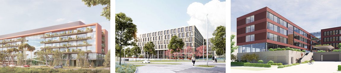 Future office buildings in Karlsruhe, Stuttgart-Weilimdorf and Regensburg
