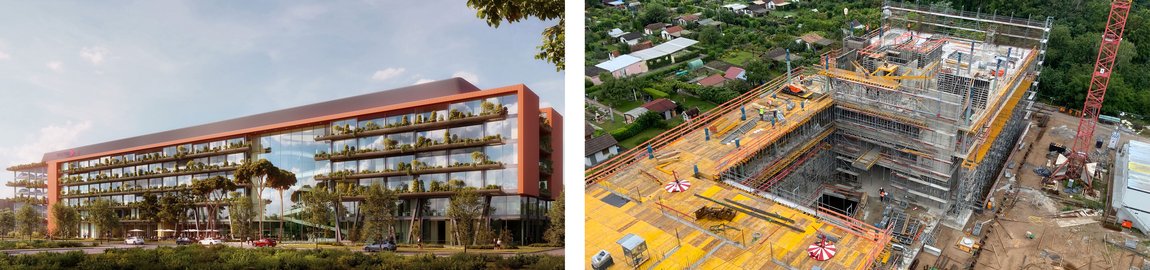 Modell und Baustelle des neuen Gebäudes in Karlsruhe