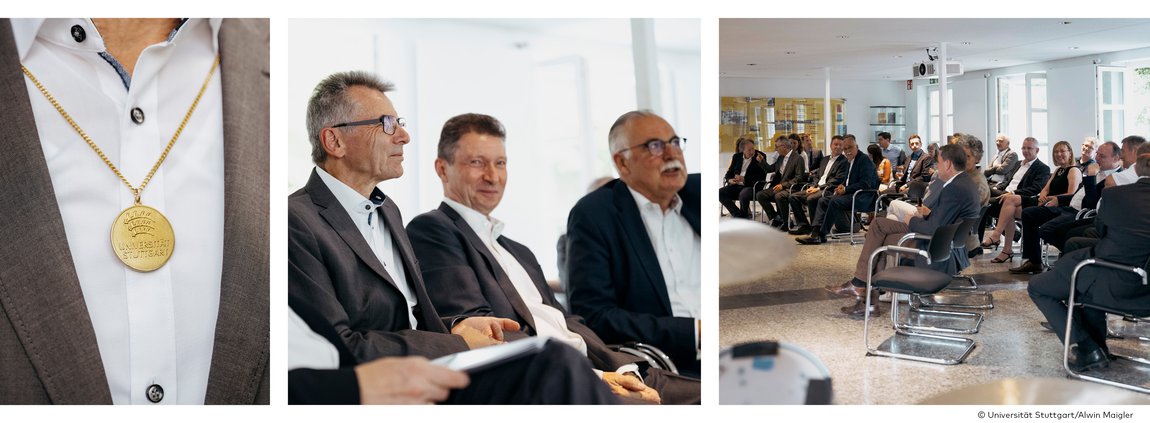 Nahaufnahme einer Medaille, Vector Gründer in Anzügen bei feierlicher Veranstaltung, Publikum im Konferenzraum – Auszeichnung und Business-Event.