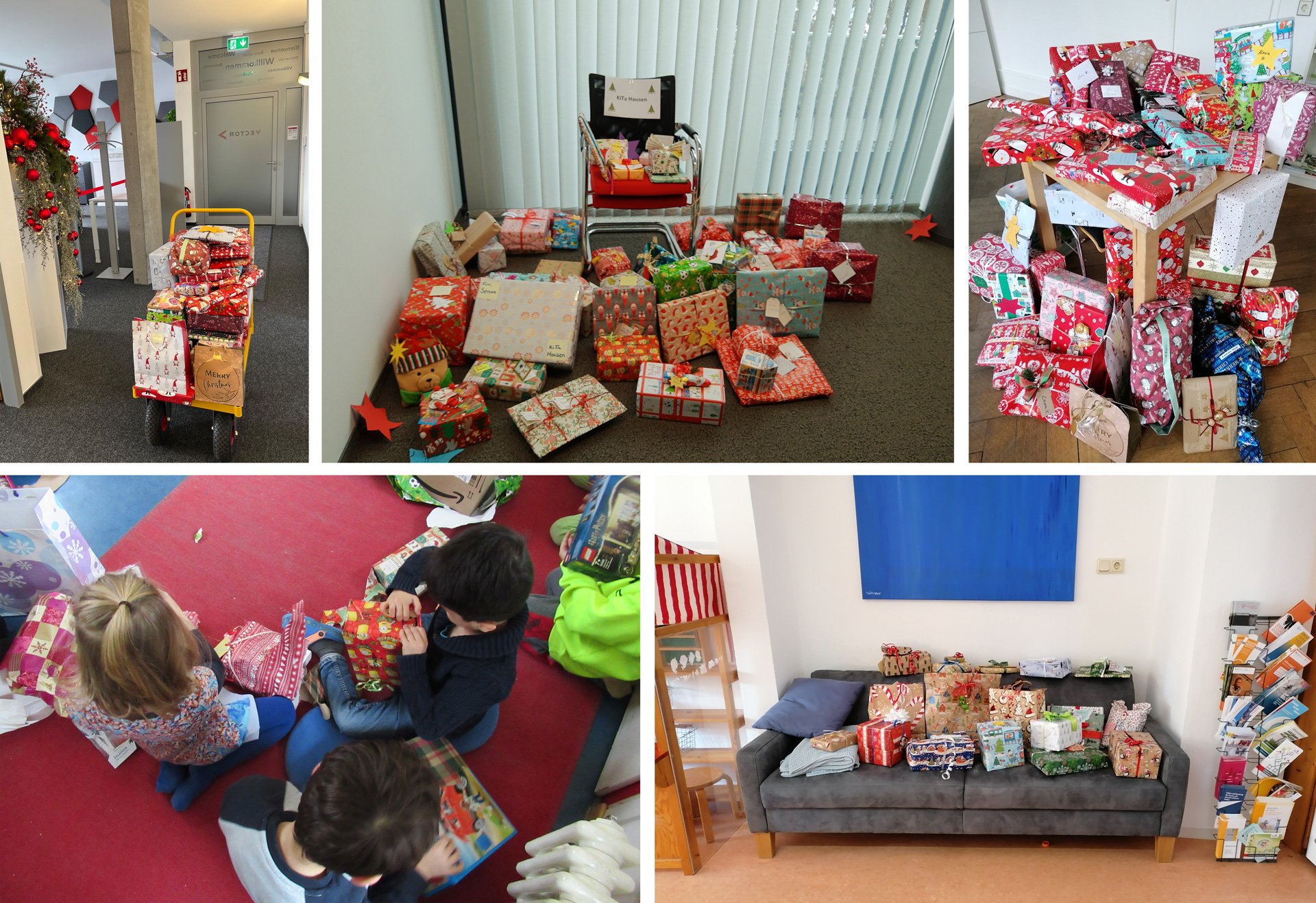 Kinder öffnen bunt verpackte Geschenke, Sofa voller Präsente
